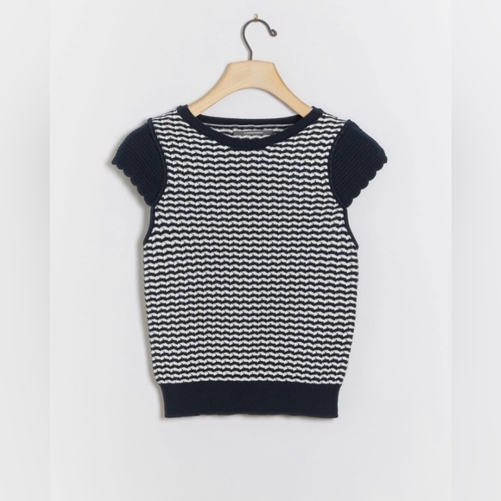 Anthropologie Alesia Navy White Knit Top Striped Short Sleeve M